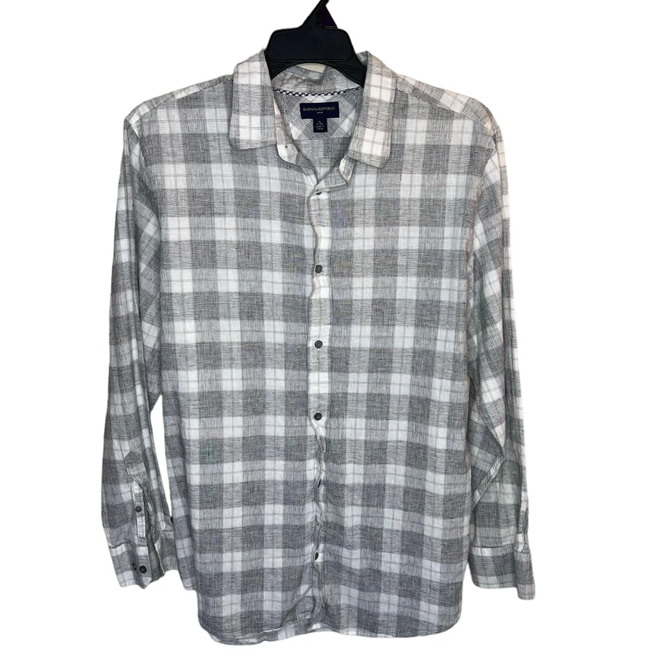 Camisa Banana Republic para hombre XL 17-17,5 gris a cuadros abotonada lino mezcla de algodón Foto 1 de 4