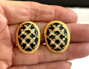 Ruby Lane "Miami Moon" schwarze Emaille goldfarben und Strass ovale Clip Ohrringe - Bild 1 von 5