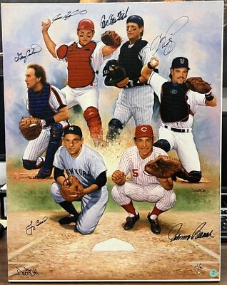 Berra Bench Piazza Fisk Carter Rodriguez Greatest Catchers Signed Canvas Beckett - Image 1 of 4