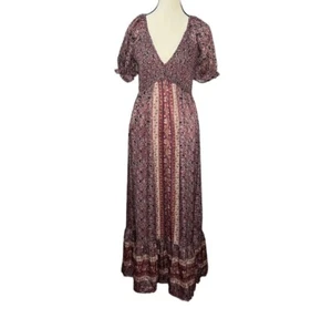 Purpur Gr. S Boho gesmoktes Oberteil Puffärmel V-Ausschnitt Bauern Prärie Maxikleid - Bild 1 von 17