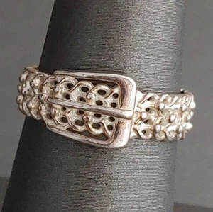 Sterling Silver Fixed Belt Buckle Filigree Band Ring 925 Sz 7 - Picture 1 of 4