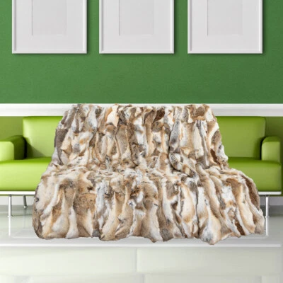 Sofá manta de lujo de piel de conejo real colcha cálida amarillo natural 86x88 pulgadas Foto 1 de 4