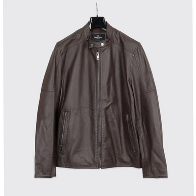 Chaqueta de Cuero Andrew Marc Talla L Hombre Marrón Oscuro Cuero Suave Moto Bolsillos con Cremallera Foto 1 de 4