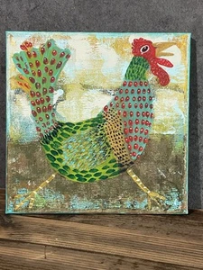 Rooster Crows OOAK Folk Art 10 X 10X 3/4” Wrapped Canvas By Annette Harford - Picture 1 of 10