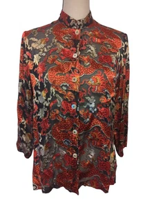 CITRON Santa Monica Sheer Dragon Foo Dog Print Silk Satin Button Up Top Small - Picture 1 of 3
