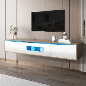 TV Schrank mit LED-beleuchtet Hochglanz Hängend/Stehend Lowboard 180cm Weiß+Holz - Bild 1 von 15