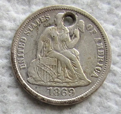 1869-S Seated Liberty Silver Dime Rare Key Date VF XF Full Liberty Holed Cleaned - Image 1 of 4
