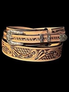 Handbesetzter Leder Waldläufer Gürtel Western Leder Freizeit Natur Gürtel Handtooled - Bild 1 von 4