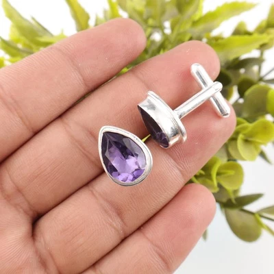 Blue Iolite Gemstone 925 Sterling Silver Men's Cufflinks Jewelry Gift For Her - Image 1 of 4