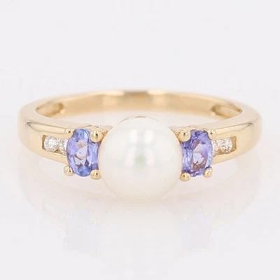 Anillo de perlas cultivadas con detalles de tanzanita y diamantes de oro amarillo de 14 k talla 6,75 Foto 1 de 4
