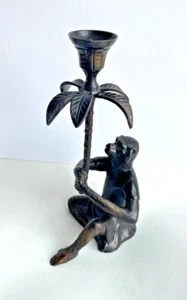 Bronze Brass Monkey Palm Tree Candle Holder Tea light, Heavy Rare - Picture 1 of 8