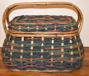 Vintage Woven Basket Picnic Storage Hing Lid, Bamboo Frame and Handles Large - Picture 1 of 12