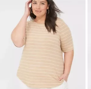 Lane Bryant Womens T-Shirt Tan/White Stripe Short Sleeve Crew Neck Plus Sz 26/28 - Picture 1 of 12