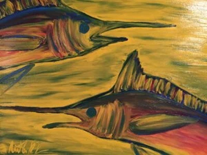 Finger Painted Abstract Painting Art Matt Kinnaman Rainbow Marlins MKinnamanArt - Picture 1 of 1