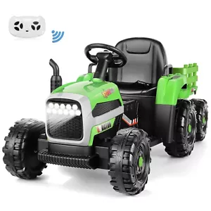 Green 12V Kids Ride On Car Electric Tractor Battery Powered Toy Car w/ Trailer - Picture 1 of 13