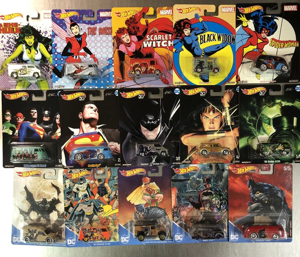 HOT WHEELS 2016 MARVEL & 2018 & 2022 DC COMICS (3 SETS OF 5) 15 CARS BATMAN - Image 1 of 4