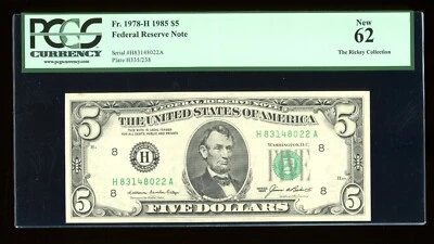 DBR 1985 $5 FRN St. Louis Fr. 1978-H PCGS 62 Serial H83148022A - Image 1 of 2