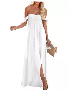 Women's 2024 Summer Smocked Off The Shoulder Maxi Dresses Ruffle Small A White - Picture 1 of 7