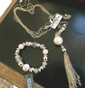 Chico's Tassel Mother of Pearl Long Necklace & Bracelet Set NWT 