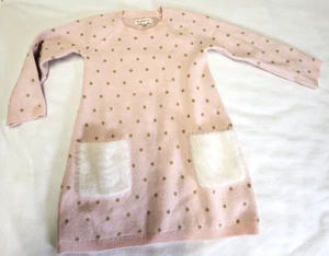 Tucker + Tate Girls Size 4 Pink Sweater Dress Gold Dots Faux Fur Front Pockets - Picture 1 of 11