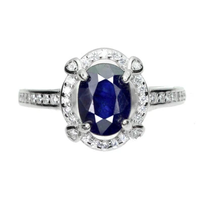 Anello In Argento Sterling 925 Ovale Zaffiro Blu Pietra Preziosa Dimensione 6.5 - Immagine 1 di 4