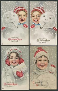 Vier ca.1908-10 Stecher Weihnachtspostkarten KINDER MIT SCHNEEMANN, SCHNEEBÄLLEN etc. - Bild 1 von 2