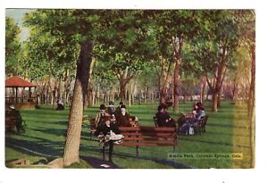 Postcard CO Colorado Springs Acacia Park Vintage View Men on Bench Colorado