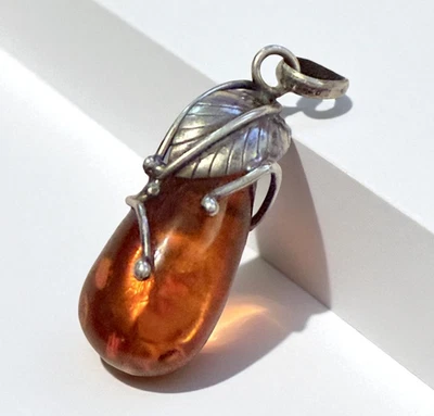 925 Пробы темный коньяк подлинный балтийский янтарь большой дизайнерский лист подвеска - Изображение 1 из 4
