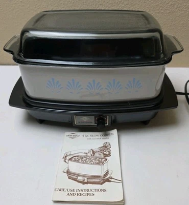 Vintage West Bend Gray With Blue 80's Design Slow Cooker Crock Pot 4 Quart Metal - Image 1 of 4