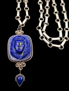Vintage ägyptische Wiederbelebung blau tschechisches Glas Tut Pharao Lapis Sterlingsilber Halskette - Bild 1 von 15