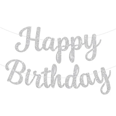 Letrero de pancarta de feliz cumpleaños brillante, guirnalda de cumpleaños pared puerta pancartas plateadas Foto 1 de 4