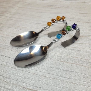 Designer Vintage 1990er Set 2 gebogene Edelstahl Vorspeisen Löffel Lucite Perlen - Bild 1 von 12