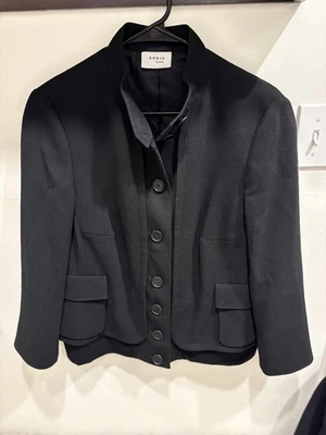 Chaqueta Akris Punto Negra Abotonada Cuello Mandarín Acanalado Lana Crepé Talla 14 Foto 1 de 4