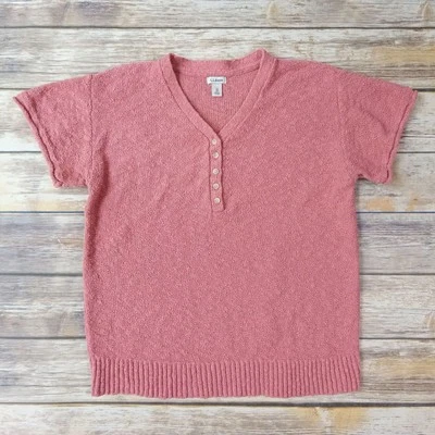 LL Bean Sweater Women Medium Pink Henley Cotton Slub Short Sleeve Coastal Beachy - Image 1 of 4