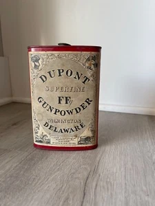 1924 DUPONT SUPERFINE FFFg GUNPOWDER EMPTY TIN ORIGINAL PAPER LABEL - Picture 1 of 8