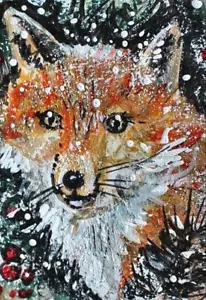 Quadro ORIGINALE ACEO volpe rossa inverno neve pino paesaggio animale natura ARTE - Foto 1 di 1