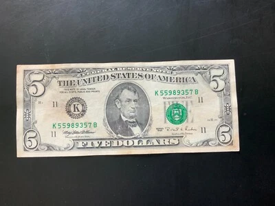 1995 $5 DOLLAR BILL K55989357B - Image 1 of 4