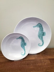 Sigrid Olsen MELAMINE Turquoise Seahorse Dinner Plates & Side Salad Bowls x8
