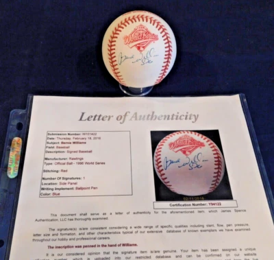 Bernie Williams Signed / Autographed Official 1996 World Series Baseball JSA LOA - Image 1 of 4