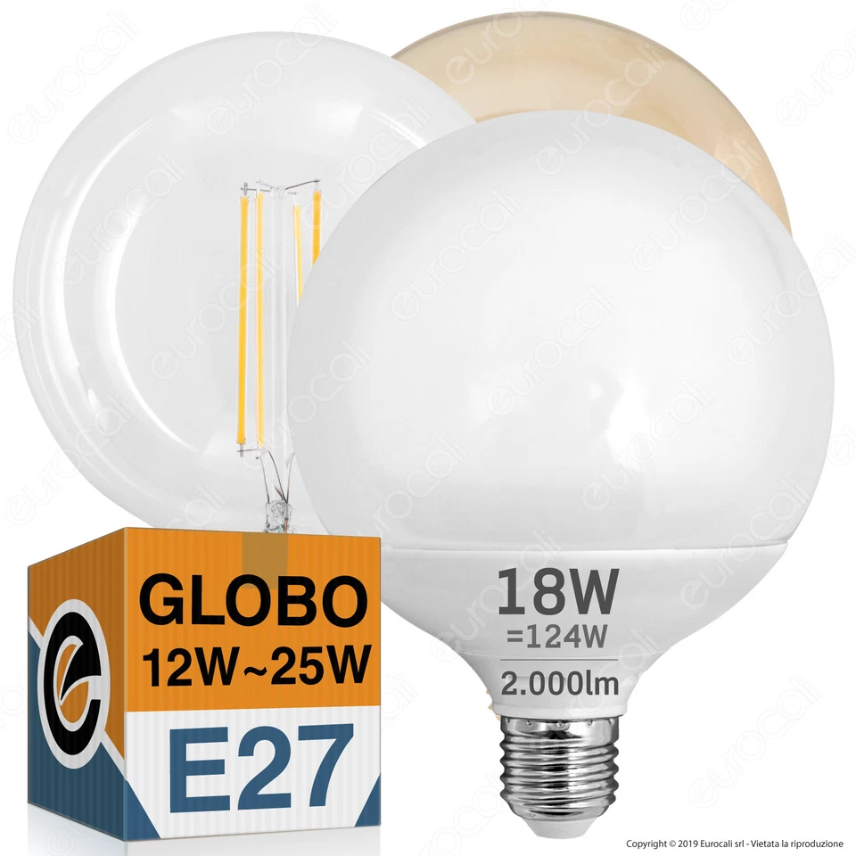 LAMPADINE LED attacco E27 GLOBO da 12,5w a 25w Lampade POTENTI Filamento e Sfera - Immagine 1 di 1