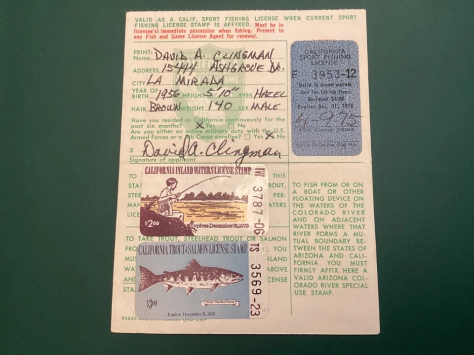 ICOLLECTZONE US California 1975 Inland and Trout Fishing Stamps on License - Image 1 of 1