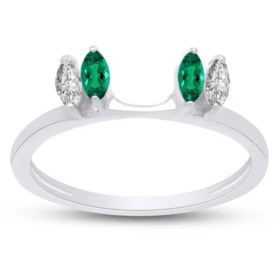 Anillo envolvente protector de diamantes reales blancos y esmeralda simulada de plata de ley (1/6 quilates) Foto 1 de 4
