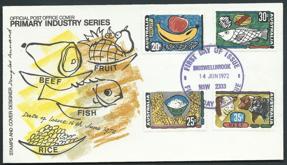 Australia 1972 Primary Industries FDC Fish Beef Rice Fruit MUSWELLBROOK NSW CDS - Image 1 of 1