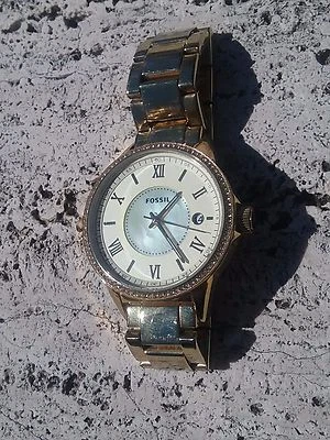 Ladies Boyfriend Fossil Cream Bling Crystal Bezel MOP Face Date Window -. BQ1105 - Image 1 of 4