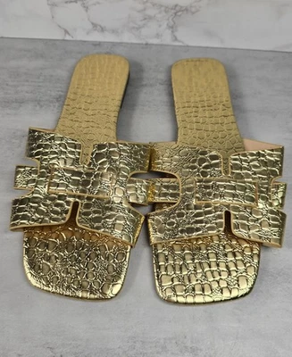 Sandalias Doradas 10 Sin Marca Cocodrilo Brillante Estampado Animal Slide Verano Plano Comodidad NUEVO Foto 1 de 4