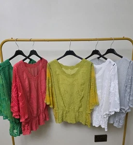 Women's Boho Cotton Lace Blouse Top One Size 8–16 | 3/4 Sleeve Embroidered Tunic - Picture 1 of 9