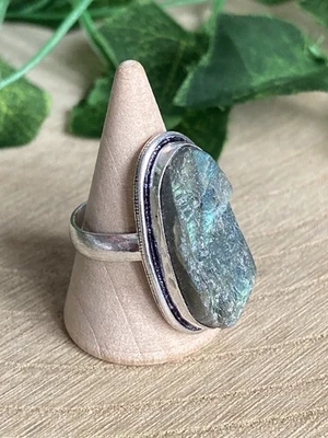 Anel Labradorita Tamanho O 1/2 Prata Esterlina 925 Banhado Estilo Vintage Oval Boho - Imagem 1 de 4