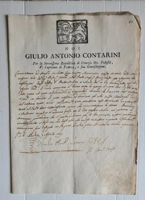 Notification SERENISSIMA VENICE - PADUA 1769 GIULIO ANTONIO CONTARINI - Image 1 of 4