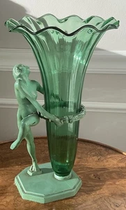 Signierte Frankart Jugendstil Deko grüne Dame Nymphe Glas Vase Skulptur  - Bild 1 von 23