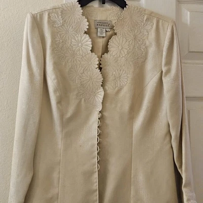 Women’s Size 14 Adrianna Papell 100% Silk Embroidery Creme Pearl Shimmer Suit - Image 1 of 4